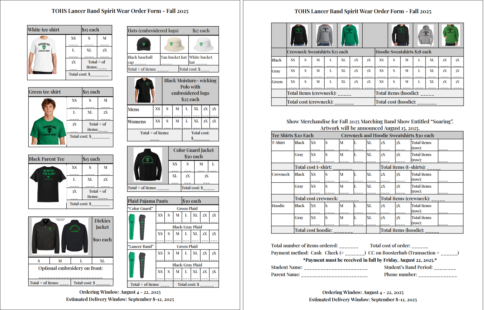 Spirit Wear Order Form Fall 2025